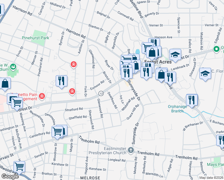 map of restaurants, bars, coffee shops, grocery stores, and more near 1509 Dearborn Road in Columbia
