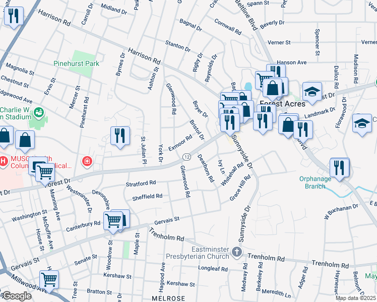 map of restaurants, bars, coffee shops, grocery stores, and more near in Columbia