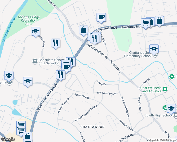 map of restaurants, bars, coffee shops, grocery stores, and more near 4173 Rogers Creek Court in Duluth