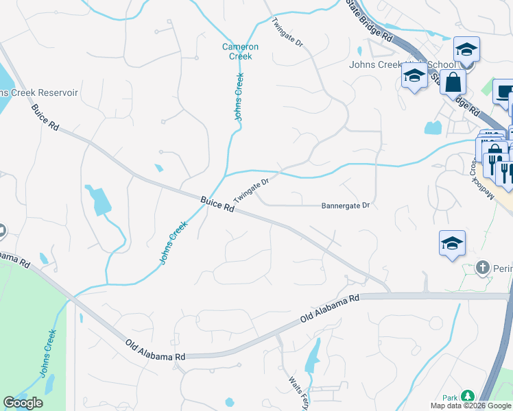 map of restaurants, bars, coffee shops, grocery stores, and more near 5215 Bannergate Drive in Alpharetta
