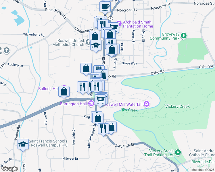 map of restaurants, bars, coffee shops, grocery stores, and more near 34 Sloan Street in Roswell
