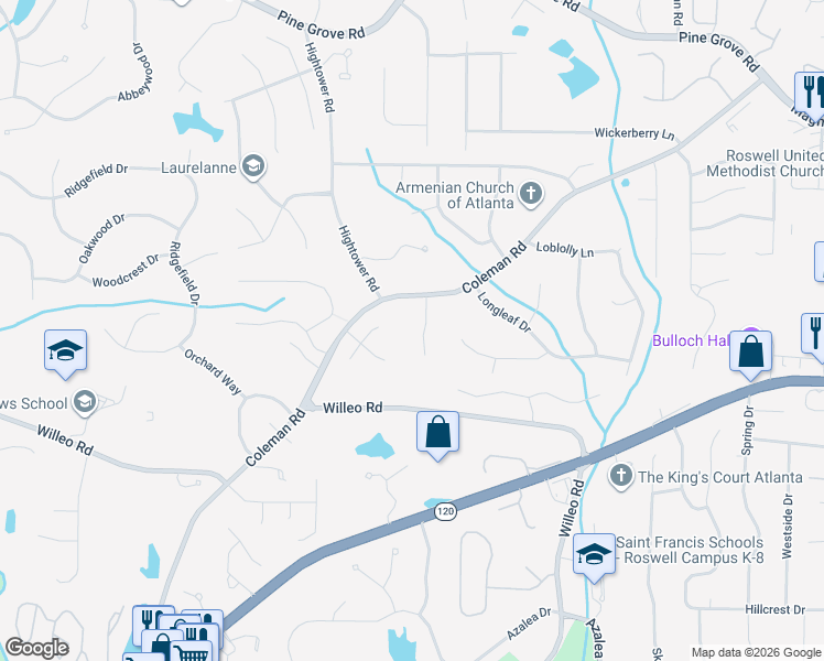 map of restaurants, bars, coffee shops, grocery stores, and more near 120 Dove Court in Roswell