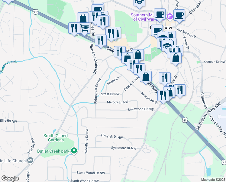 map of restaurants, bars, coffee shops, grocery stores, and more near 2441 Forrest Drive Northwest in Kennesaw