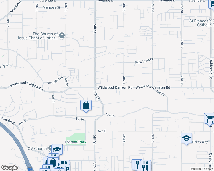 map of restaurants, bars, coffee shops, grocery stores, and more near 34384 Wildwood Canyon Road in Yucaipa