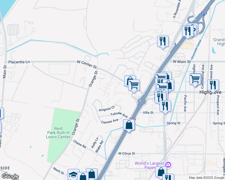 map of restaurants, bars, coffee shops, grocery stores, and more near 391 Claire Street in Riverside