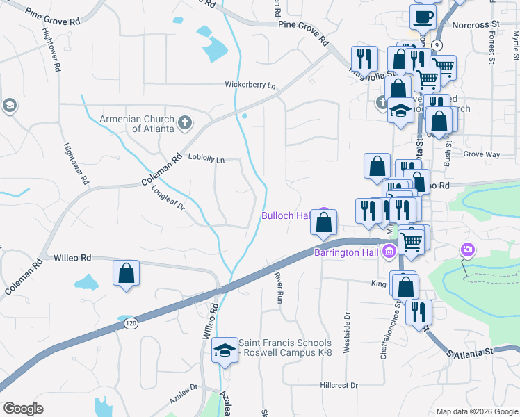 map of restaurants, bars, coffee shops, grocery stores, and more near 9645 Loblolly Lane in Roswell