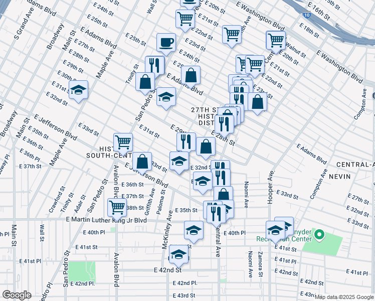 map of restaurants, bars, coffee shops, grocery stores, and more near 943 East 31st Street in Los Angeles