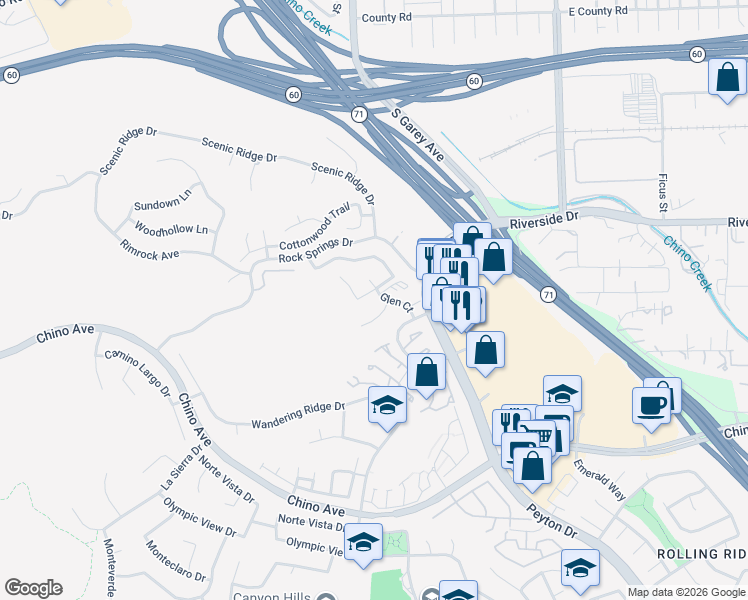 map of restaurants, bars, coffee shops, grocery stores, and more near 13096 Le Parc Boulevard in Chino Hills