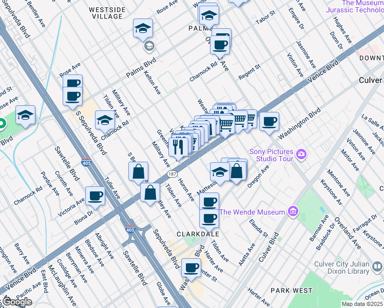 map of restaurants, bars, coffee shops, grocery stores, and more near 10937 Venice Boulevard in Los Angeles