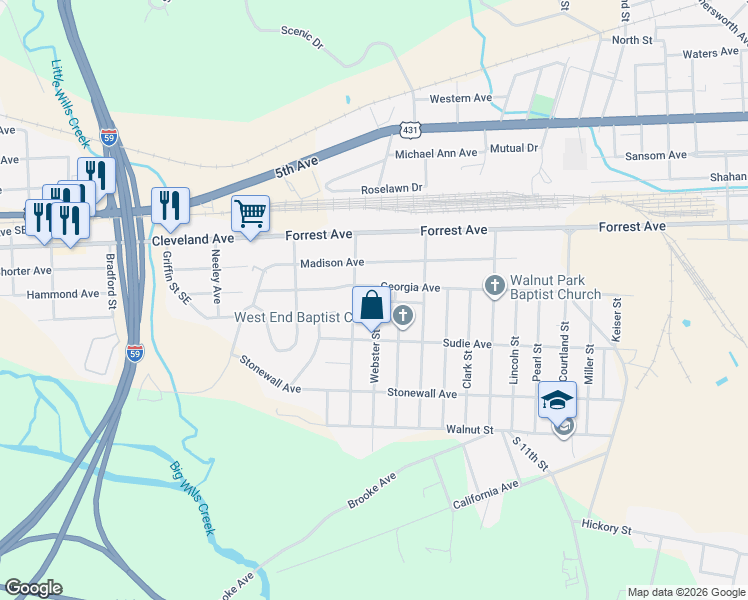 map of restaurants, bars, coffee shops, grocery stores, and more near 306 Webster Street in Gadsden
