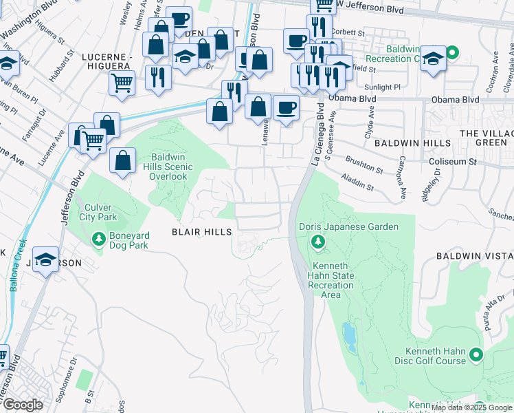 map of restaurants, bars, coffee shops, grocery stores, and more near 5926 Wrightcrest Drive in Culver City