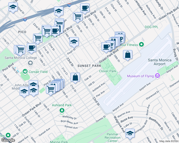 map of restaurants, bars, coffee shops, grocery stores, and more near 2408 Ocean Park Boulevard in Santa Monica