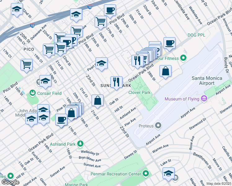 map of restaurants, bars, coffee shops, grocery stores, and more near 2408 Ocean Park Boulevard in Santa Monica