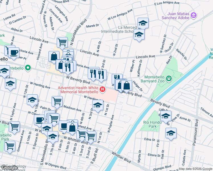map of restaurants, bars, coffee shops, grocery stores, and more near 111 West Beverly Boulevard in Montebello