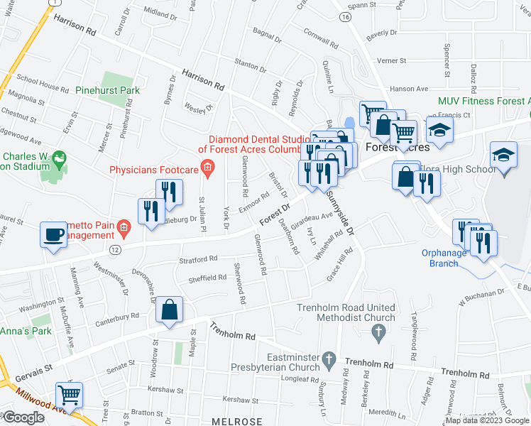 map of restaurants, bars, coffee shops, grocery stores, and more near in Columbia