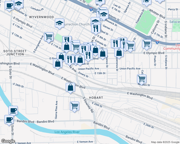 map of restaurants, bars, coffee shops, grocery stores, and more near 3425 Emery Street in Los Angeles