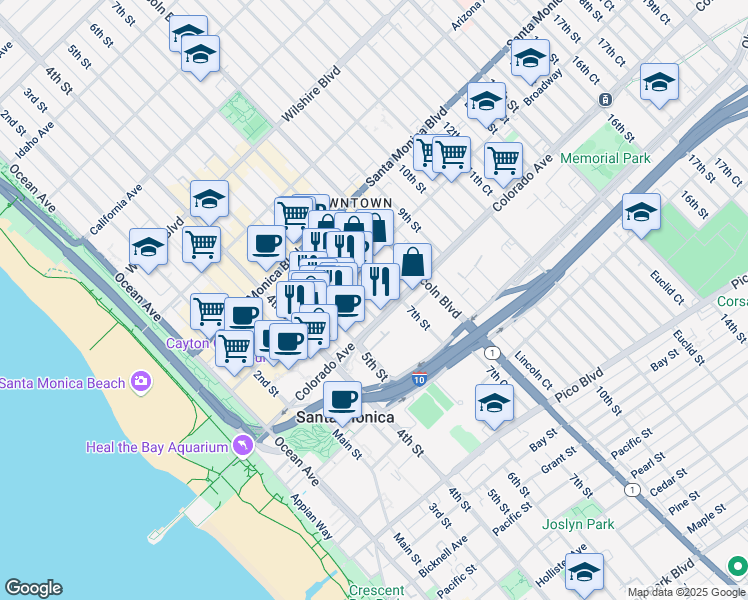 map of restaurants, bars, coffee shops, grocery stores, and more near 1540 6th Street in Santa Monica