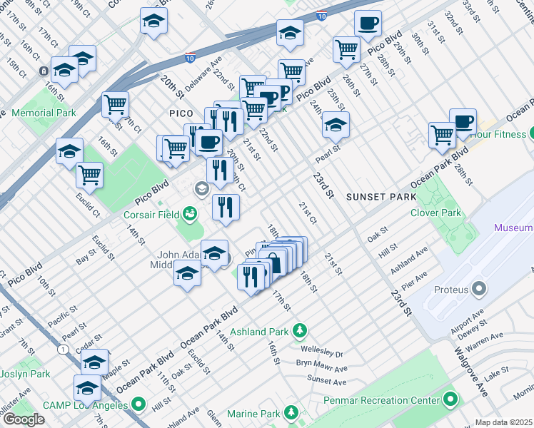 map of restaurants, bars, coffee shops, grocery stores, and more near 2352 18th Court in Santa Monica