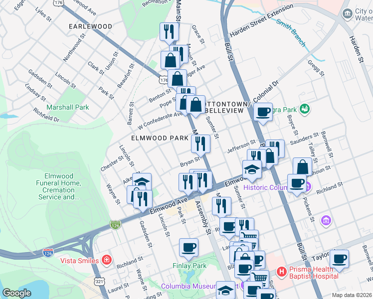 map of restaurants, bars, coffee shops, grocery stores, and more near 2212 Rembert Street in Columbia