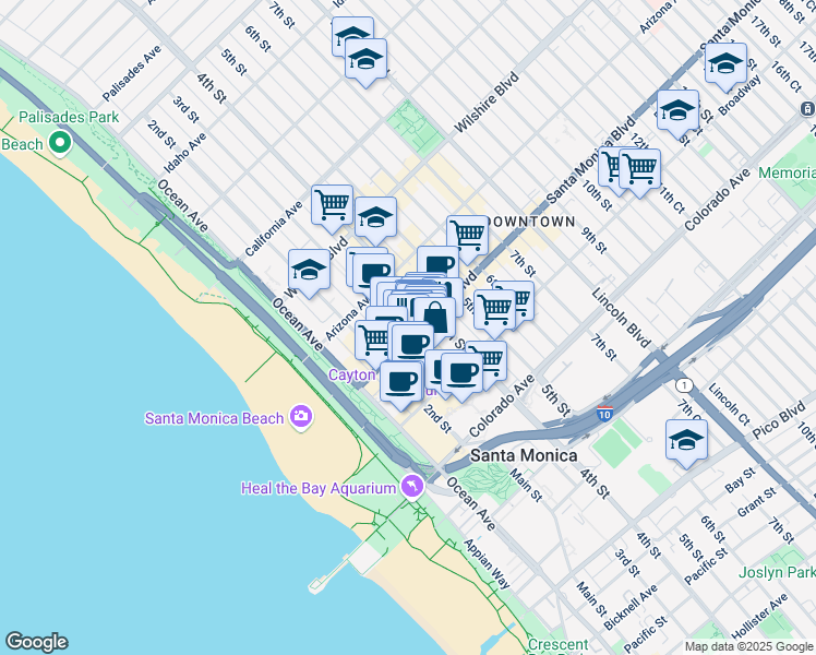 map of restaurants, bars, coffee shops, grocery stores, and more near in Santa Monica