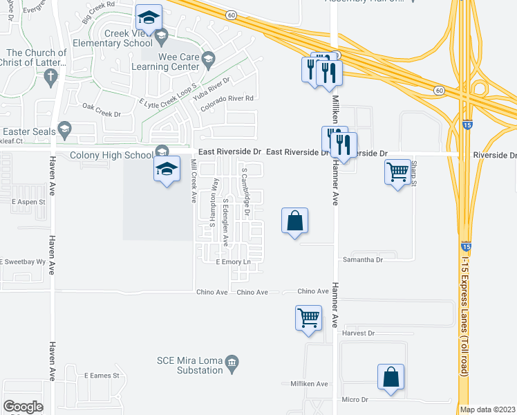 map of restaurants, bars, coffee shops, grocery stores, and more near 4078 East Heritage Lane in Ontario