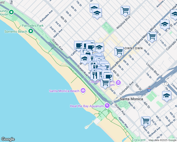 map of restaurants, bars, coffee shops, grocery stores, and more near 264 Ocean Avenue in Santa Monica