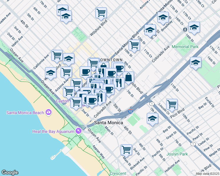 map of restaurants, bars, coffee shops, grocery stores, and more near 1522 6th Street in Santa Monica