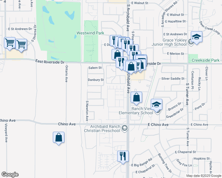 map of restaurants, bars, coffee shops, grocery stores, and more near 13150 South Archibald Avenue in Ontario