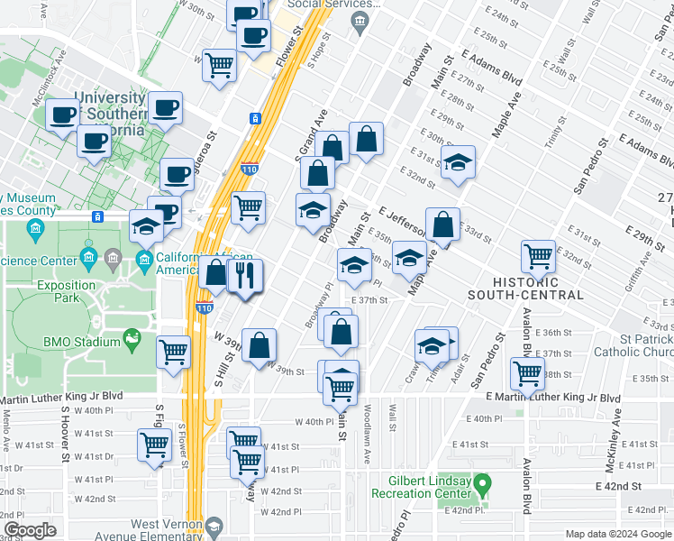 map of restaurants, bars, coffee shops, grocery stores, and more near 3 W 36th Pl in Los Angeles