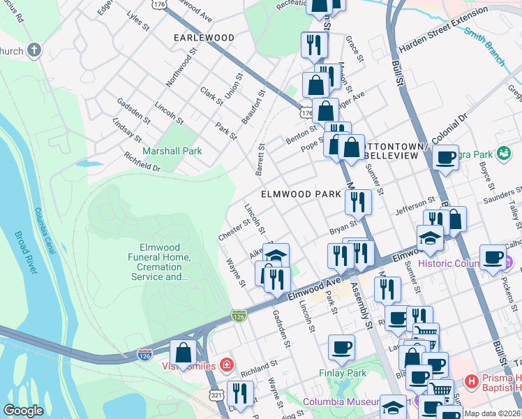 map of restaurants, bars, coffee shops, grocery stores, and more near 2329 Lincoln Street in Columbia