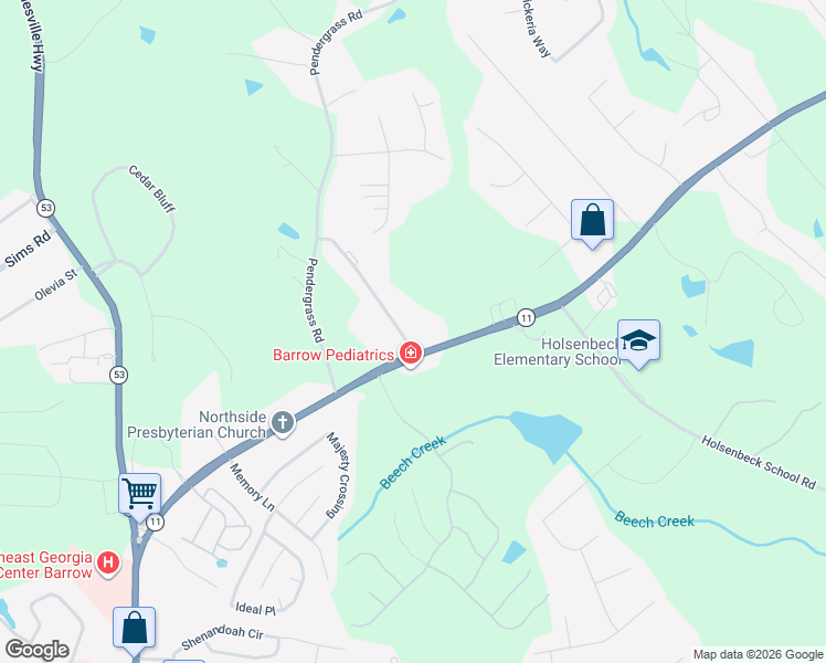 map of restaurants, bars, coffee shops, grocery stores, and more near 568 Jefferson Highway in Winder