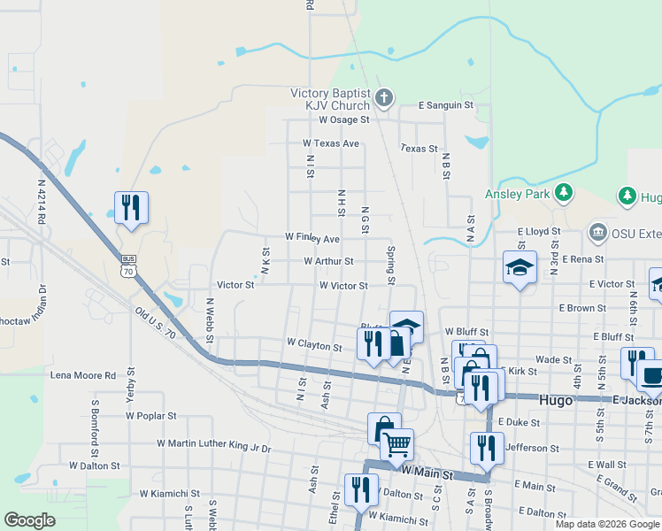 map of restaurants, bars, coffee shops, grocery stores, and more near 502 North H Street in Hugo