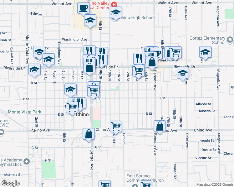 map of restaurants, bars, coffee shops, grocery stores, and more near 13066 11th Street in Chino