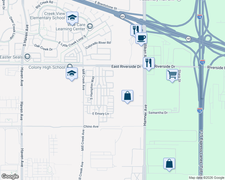 map of restaurants, bars, coffee shops, grocery stores, and more near 4078 East Heritage Lane in Ontario
