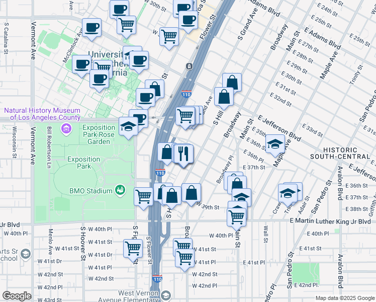map of restaurants, bars, coffee shops, grocery stores, and more near 3751 South Hill Street in Los Angeles