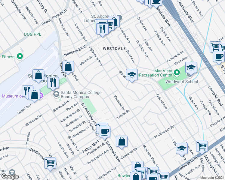 map of restaurants, bars, coffee shops, grocery stores, and more near 3290 Keeshen Drive in Los Angeles