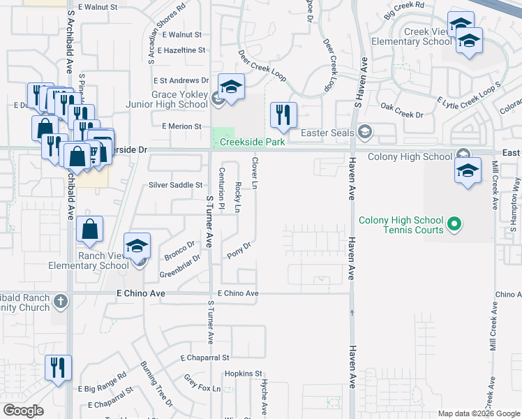 map of restaurants, bars, coffee shops, grocery stores, and more near 3151 Clover Lane in Ontario