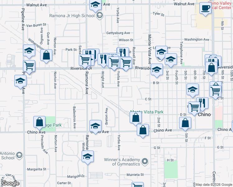 map of restaurants, bars, coffee shops, grocery stores, and more near 4719 Doheny Drive in Chino