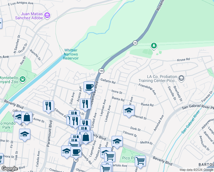 map of restaurants, bars, coffee shops, grocery stores, and more near 4002 Layman Avenue in Pico Rivera