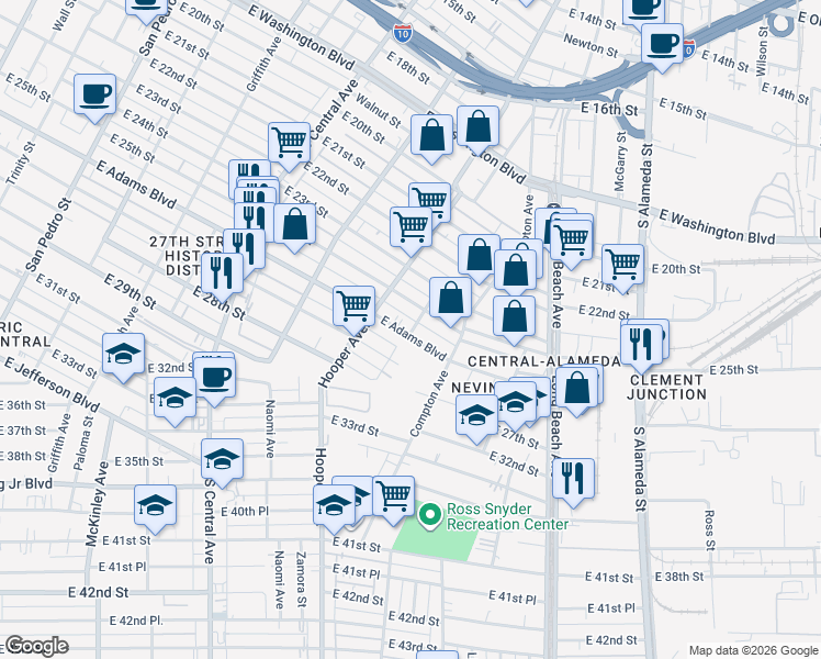 map of restaurants, bars, coffee shops, grocery stores, and more near 1423 East Adams Boulevard in Los Angeles