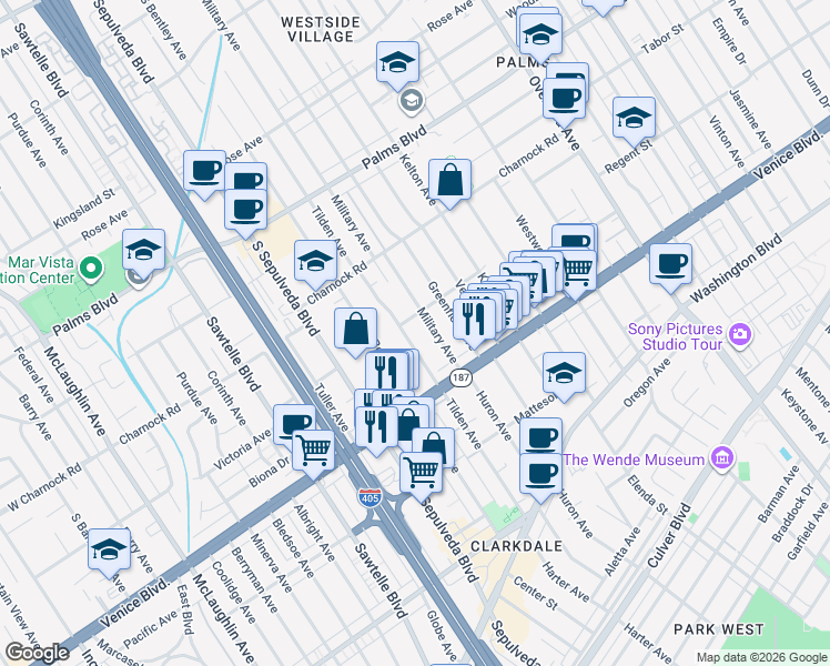 map of restaurants, bars, coffee shops, grocery stores, and more near 3729 Tilden Avenue in Los Angeles
