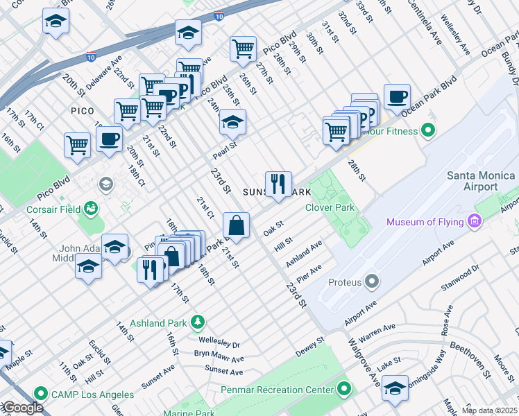 map of restaurants, bars, coffee shops, grocery stores, and more near 2626 Cloverfield Boulevard in Santa Monica