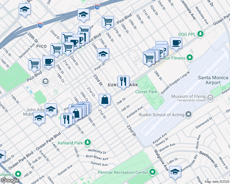 map of restaurants, bars, coffee shops, grocery stores, and more near 2318 Ocean Park Place South in Santa Monica