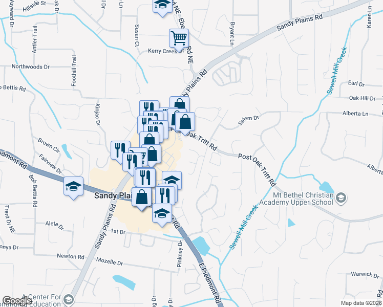map of restaurants, bars, coffee shops, grocery stores, and more near 2625 Baramore Oaks Lane in Marietta