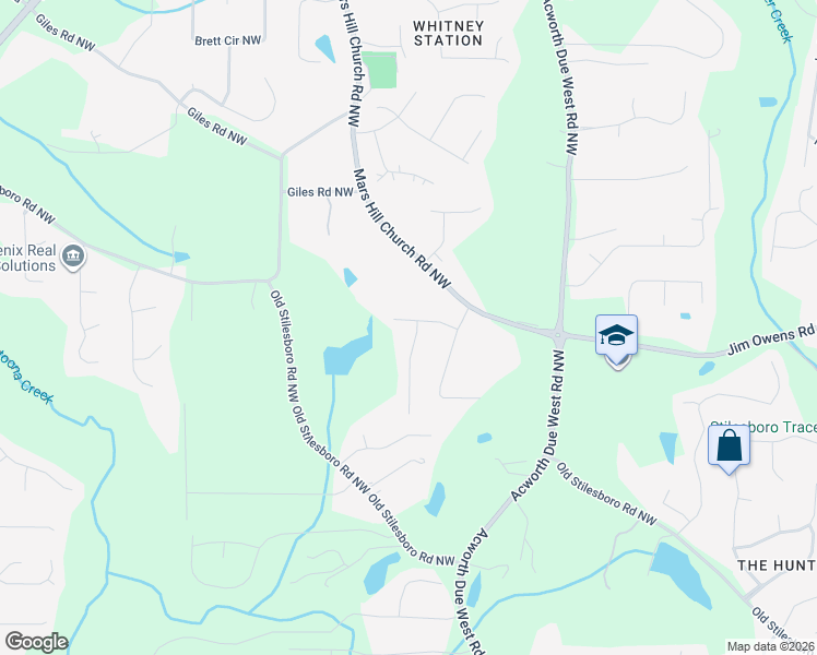 map of restaurants, bars, coffee shops, grocery stores, and more near 2432 Red Fox Run Northwest in Acworth