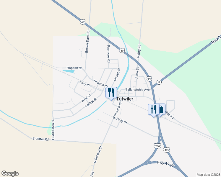 map of restaurants, bars, coffee shops, grocery stores, and more near 203 Hopson Street in Tutwiler