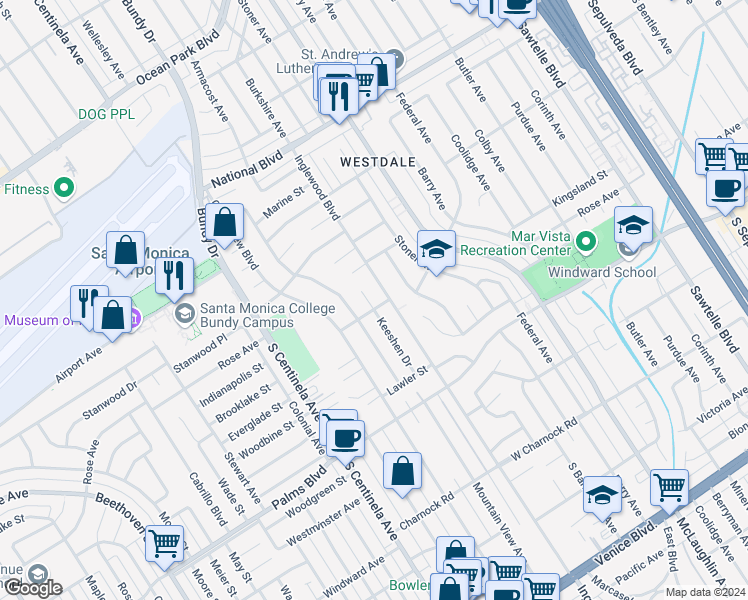 map of restaurants, bars, coffee shops, grocery stores, and more near 3290 Keeshen Drive in Los Angeles
