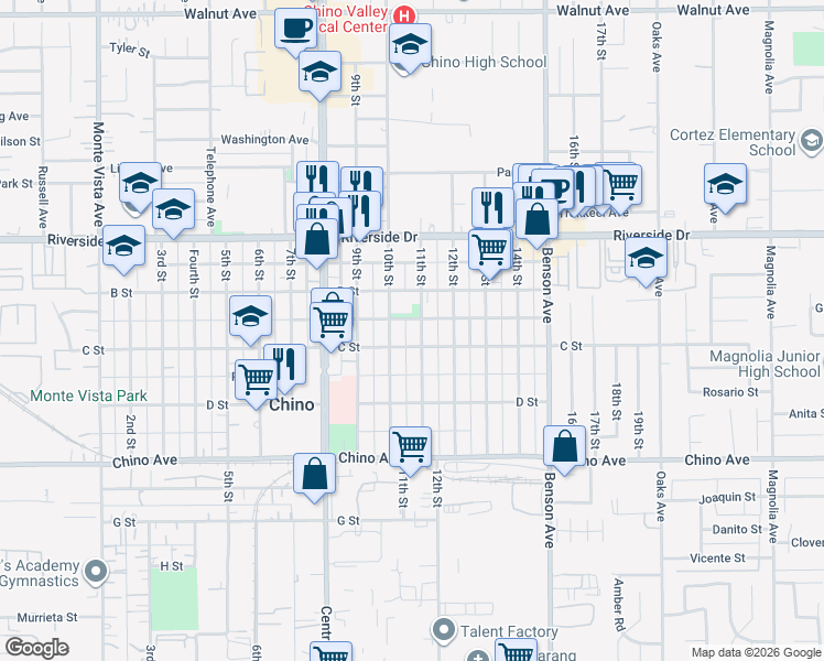 map of restaurants, bars, coffee shops, grocery stores, and more near 13066 11th Street in Chino