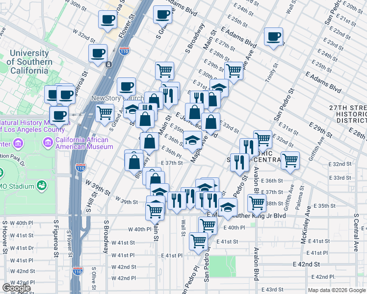 map of restaurants, bars, coffee shops, grocery stores, and more near 166 East 36th Street in Los Angeles