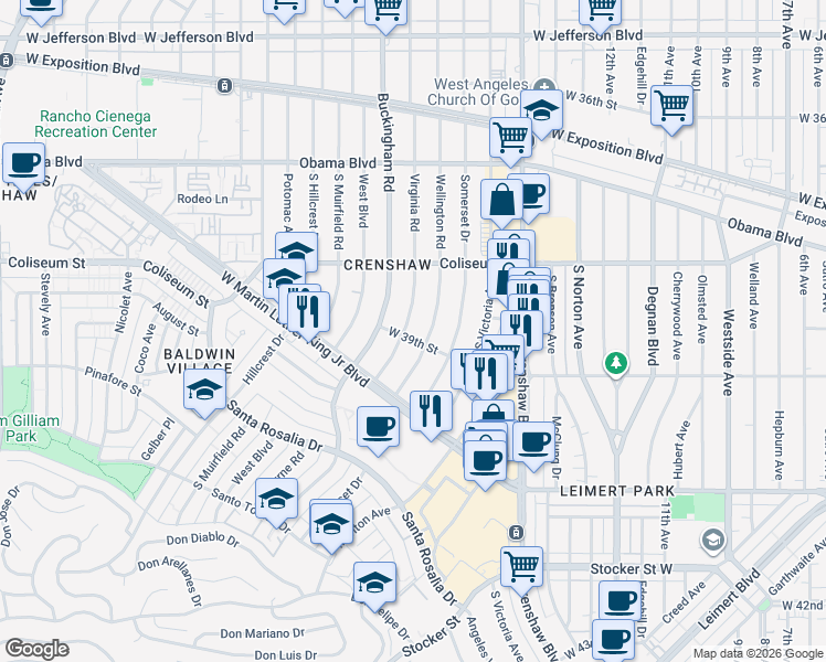 map of restaurants, bars, coffee shops, grocery stores, and more near 3906 Virginia Road in Los Angeles